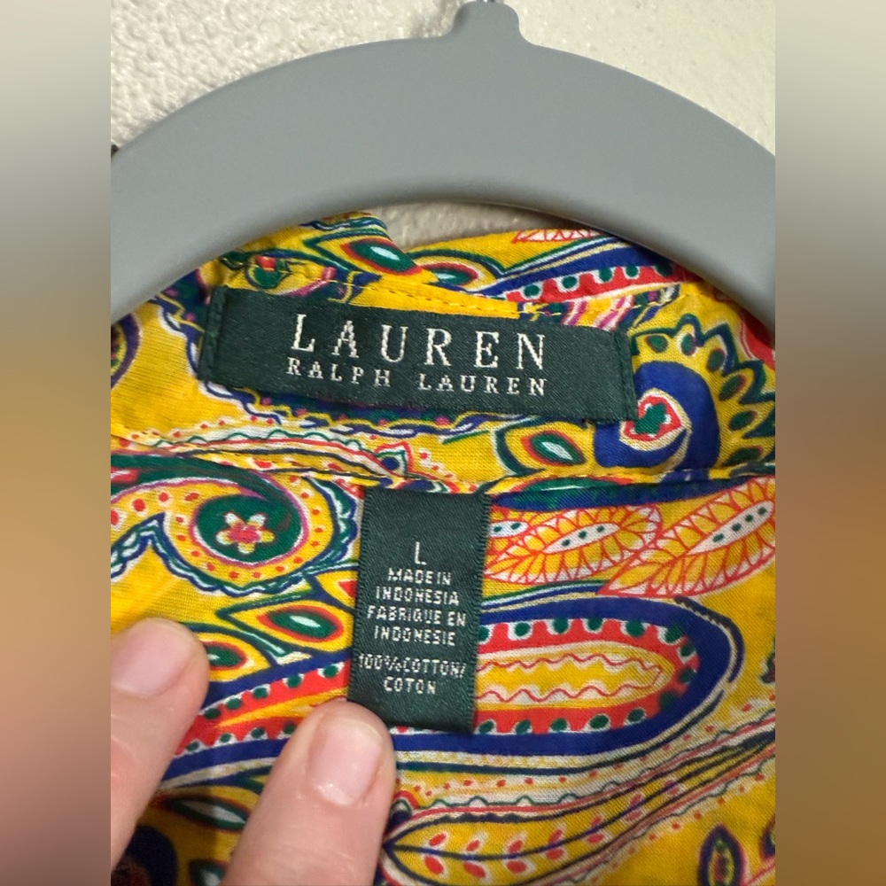 Lauren Ralph Lauren Women’s Large Yellow Paisley Shirt Roll Tab sleeve blouse - Picture 4 of 13